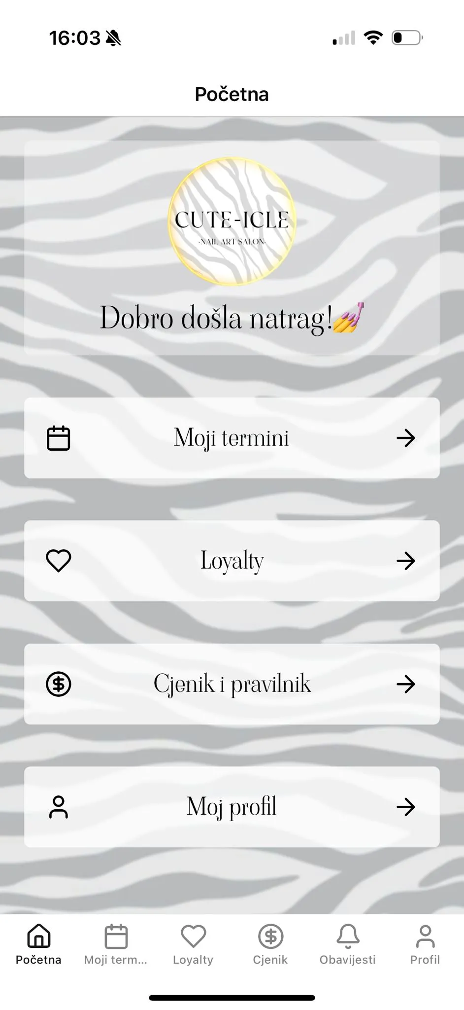 Cute-icle loyalty mobilna aplikacija za nail art salon