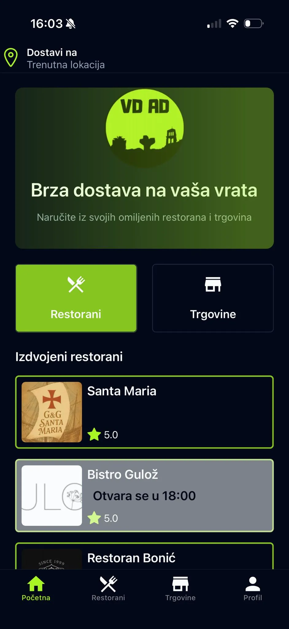 VD-AD mobilna aplikacija za usluge dostave